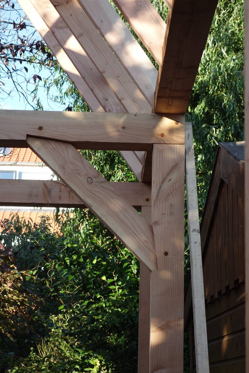Detail van de houtconstructie: een stijl waar een balk in is gepend, met een schuin korbeel ertussen; in het hout zijn ronde houten deuvels zichtbaar.