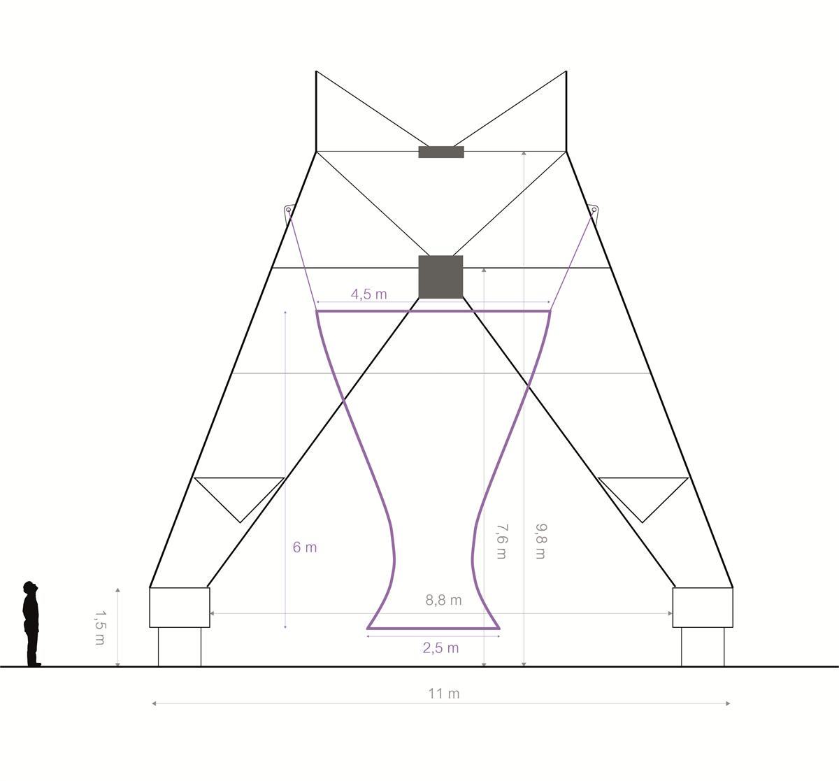 Section drawing of the crane base with the dreamcatcher inside it, dimensioned, with a human figure at the bottom for scale.