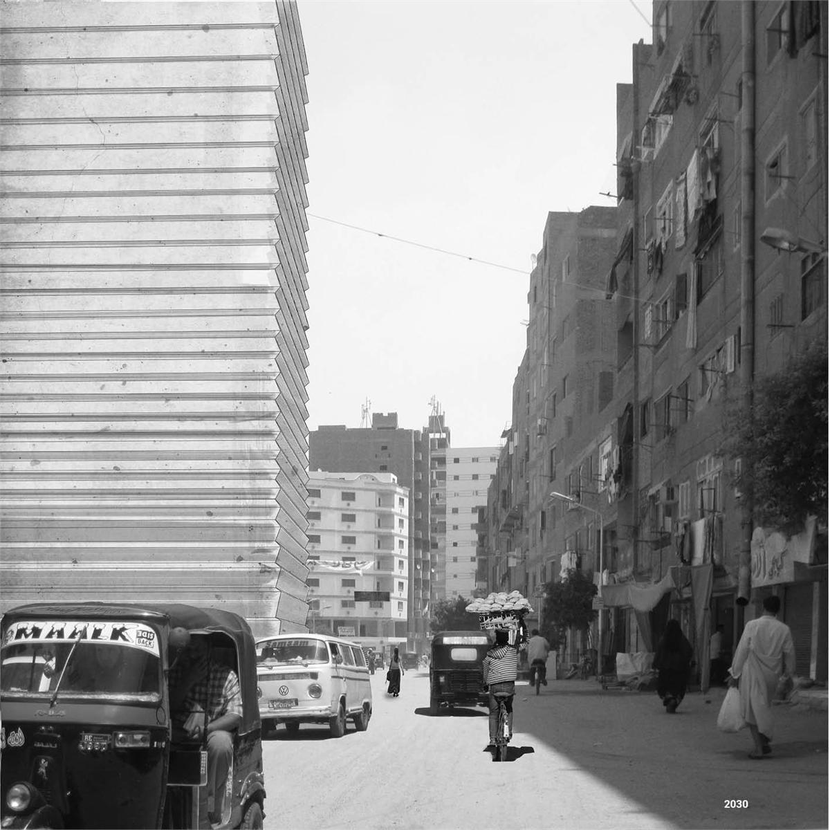 Street scene in Cairo with tuk-tuks, vans and a vendor on a bicycle; on the left the closed concrete wall of the building rises between the apartment blocks. The year 2030 in the bottom right.