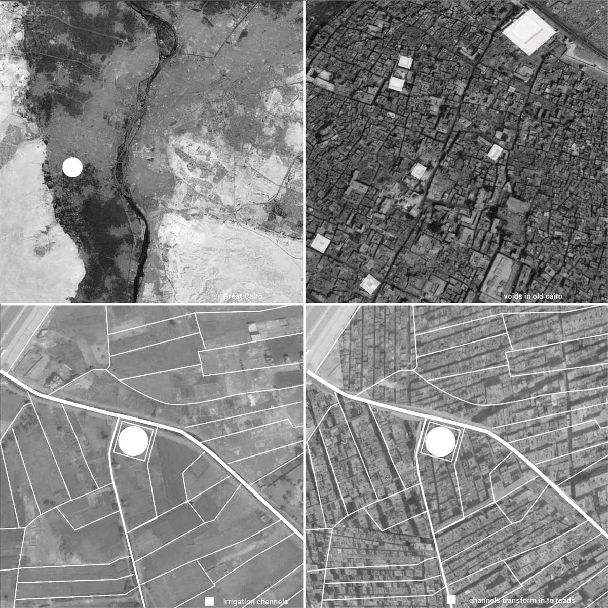 Four analysis maps of Cairo: the urban area along the Nile, the voids in the old city, and two aerial photographs in which irrigation channels turn into streets.
