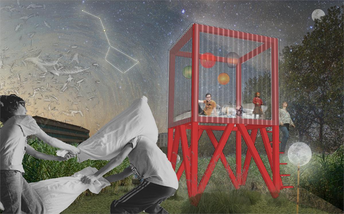 Fotocollage: twee mensen houden een kussengevecht naast het roodomlijnde bed op poten, tegen een achtergrond van sterrenbeelden en manen.