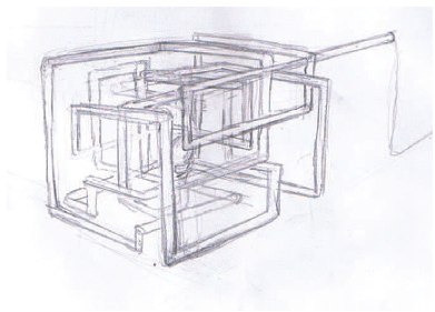 Pencil sketch of the lamp: the same interlocking rectangles, with one long tube projecting to the right.
