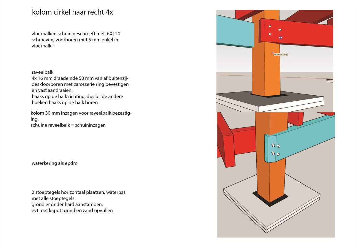 Sheet from the construction drawing with a three-dimensional detail of a timber column on two paving slabs, annotated with notes about screws, threaded rod and the EPDM damp barrier.