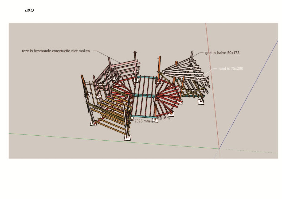 Axonometric drawing of the whole structure, colour-coded: pink for the existing structure, red for 75 by 200 beams and yellow for half beams of 50 by 175, with dimensions.