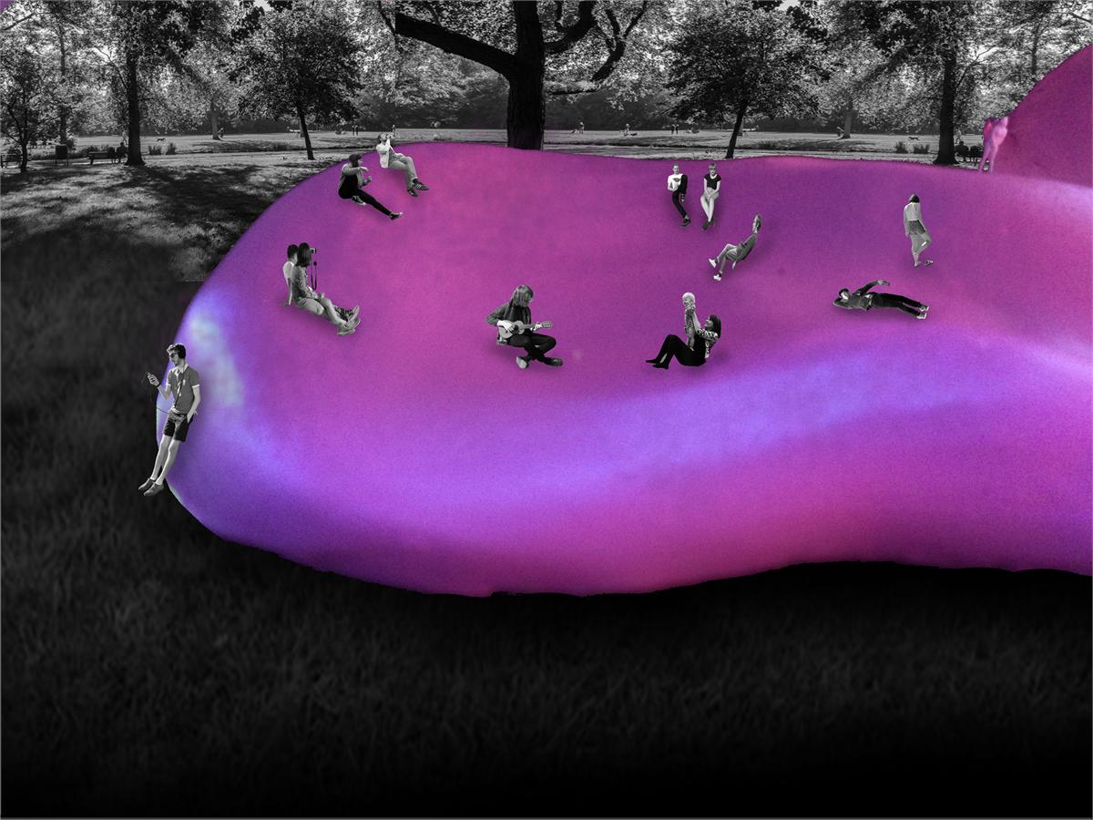 Black and white figures sit and lie scattered across a rolling pink form under the trees of the park; some are playing instruments.