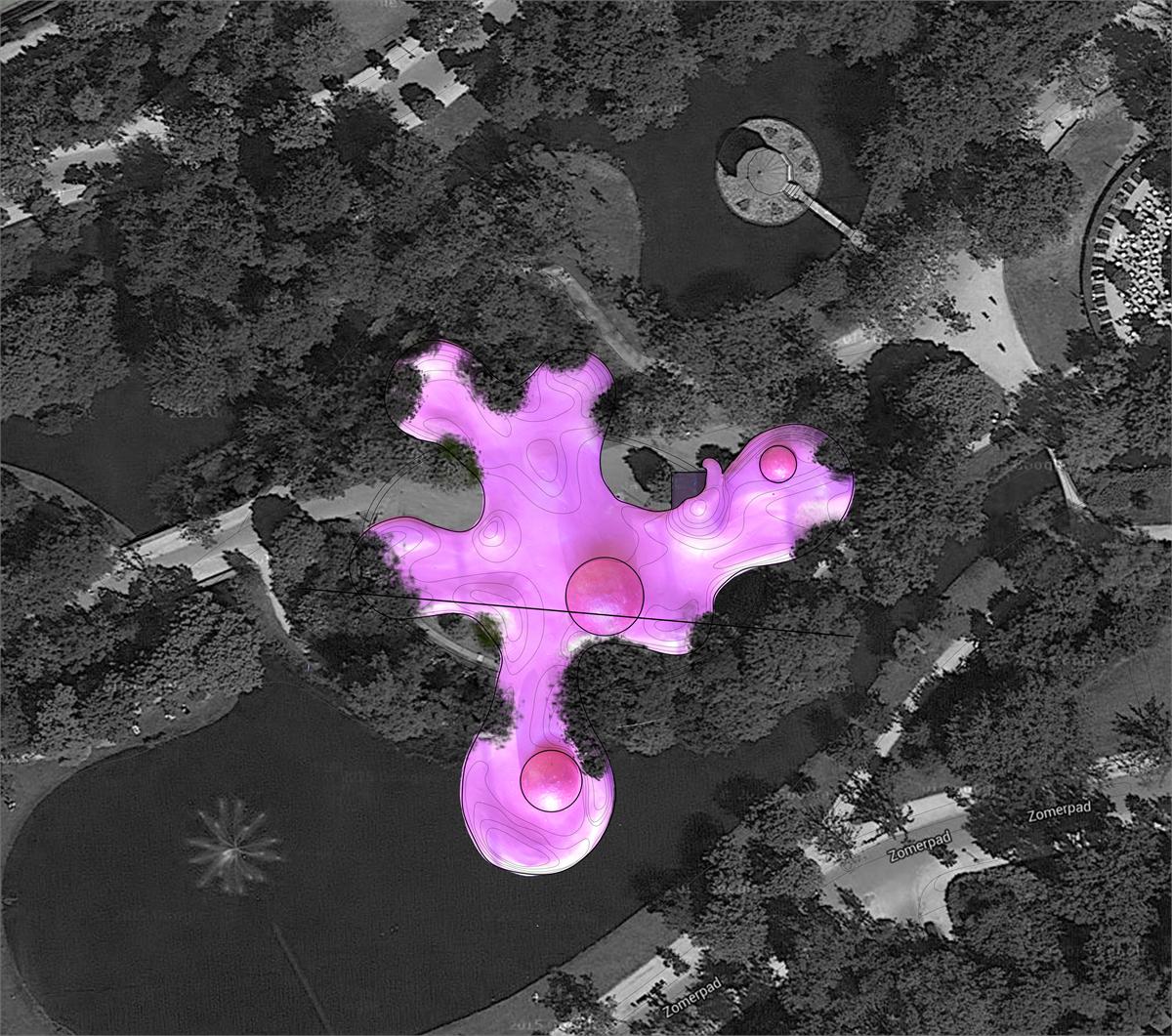 Plan on an aerial photograph of the Vondelpark: the pink form branches like a star across the paths and the water, with four round openings in it.