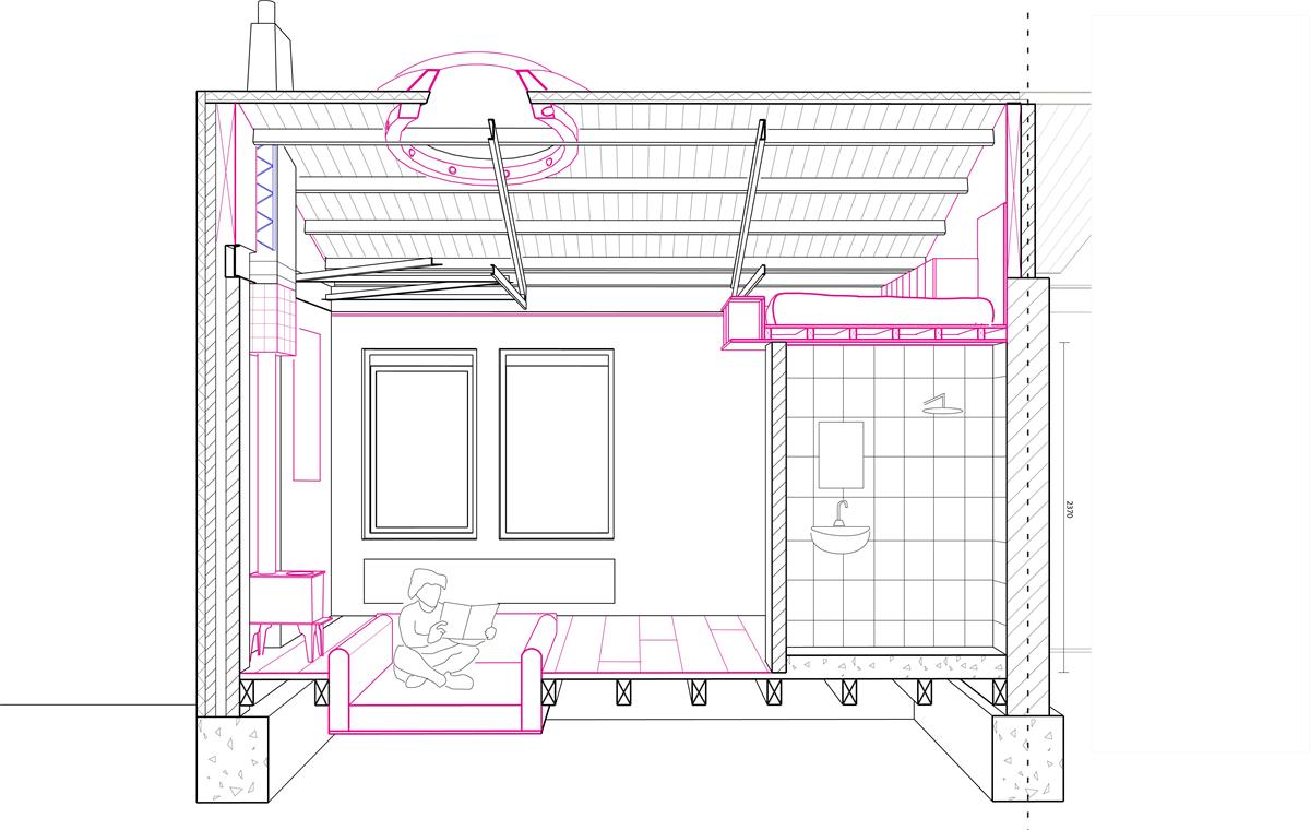 Second section drawing lengthways through the building, with the timber roof in line and the new insertions in pink.